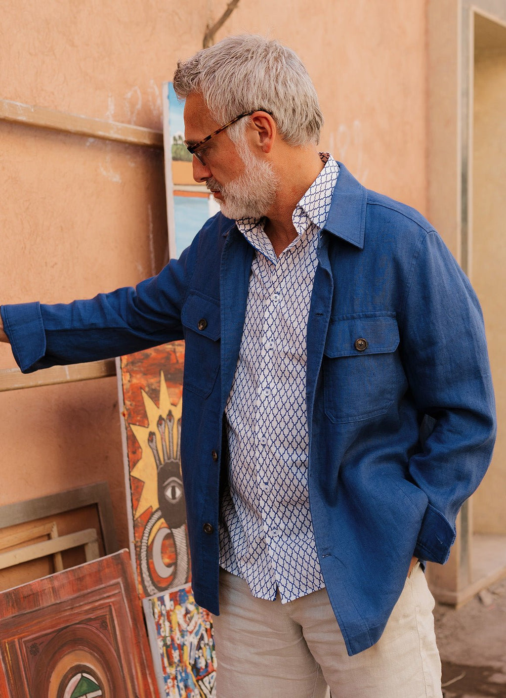Washed Linen Overshirt — Spread Collar, Double Flap Chest Pockets, Relaxed Fit