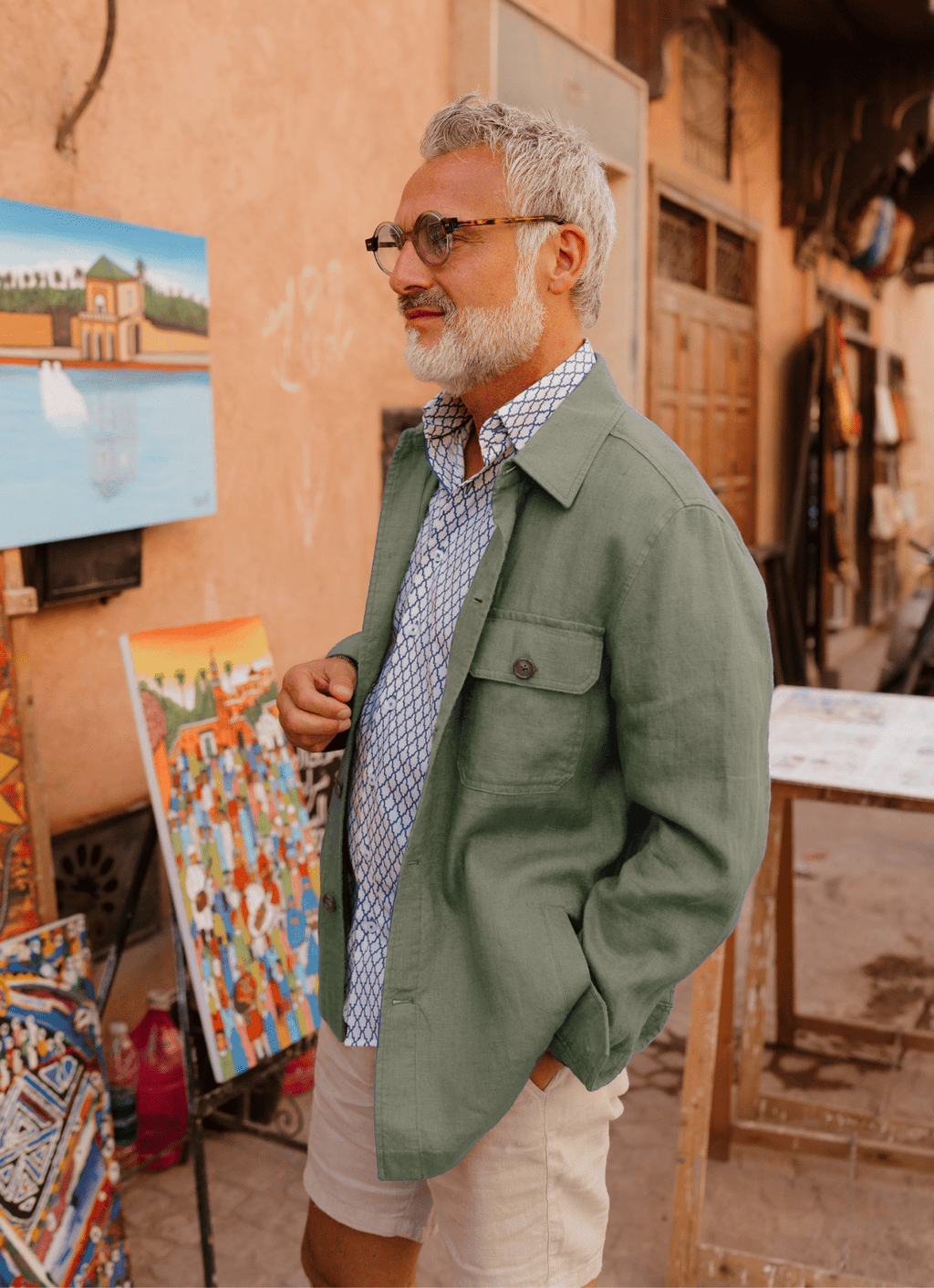 Washed Linen Overshirt — Spread Collar, Double Flap Chest Pockets, Relaxed Fit