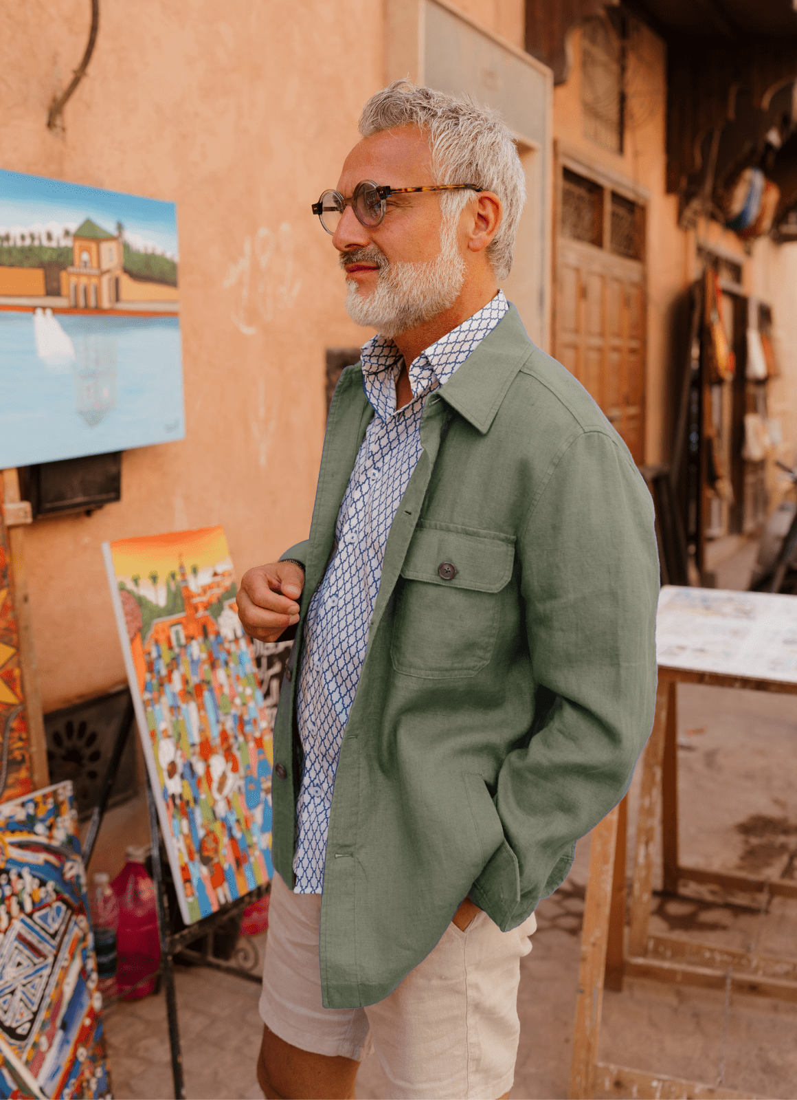 Washed Linen Overshirt — Spread Collar, Double Flap Chest Pockets, Relaxed Fit