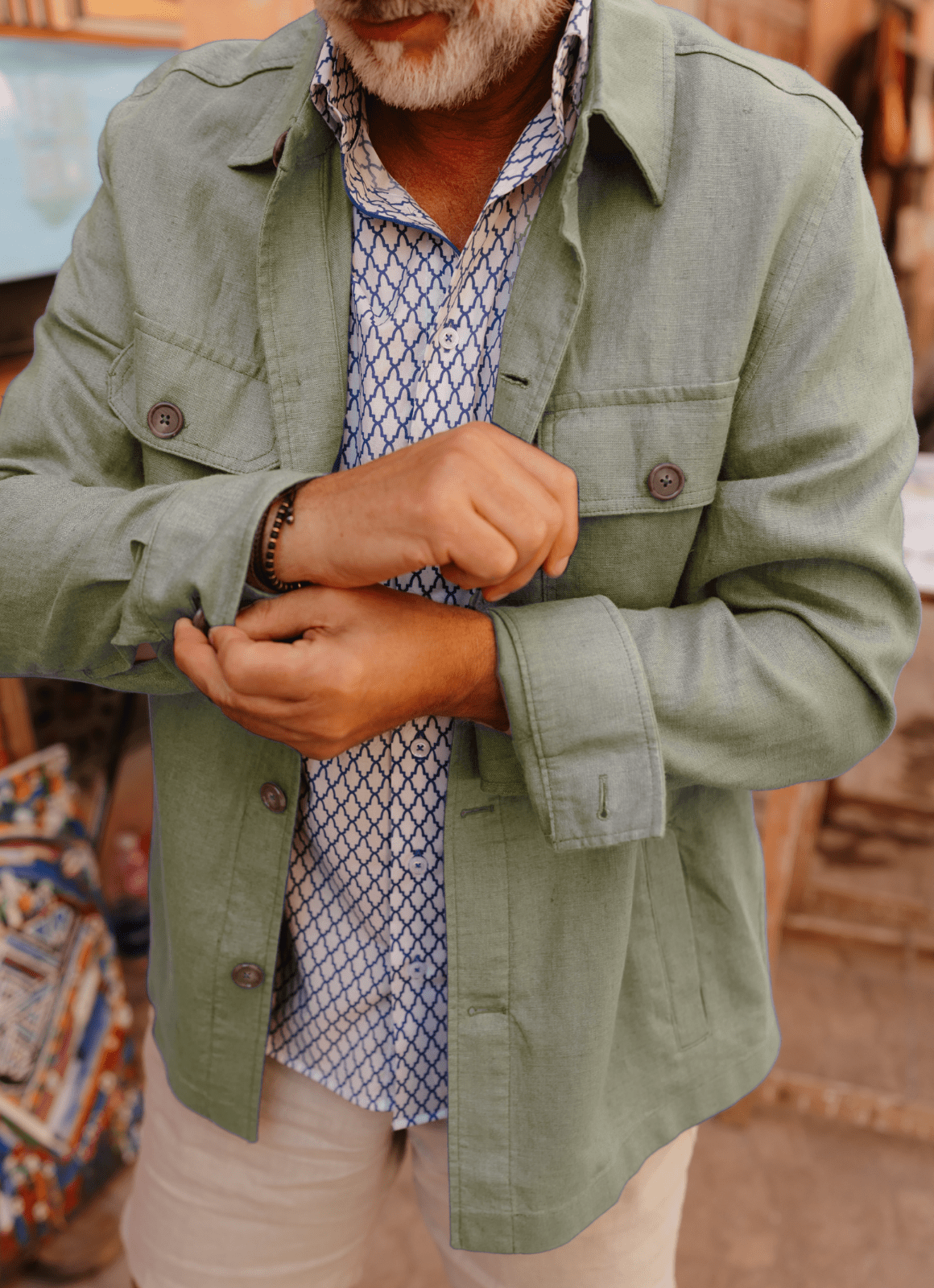 Washed Linen Overshirt — Spread Collar, Double Flap Chest Pockets, Relaxed Fit