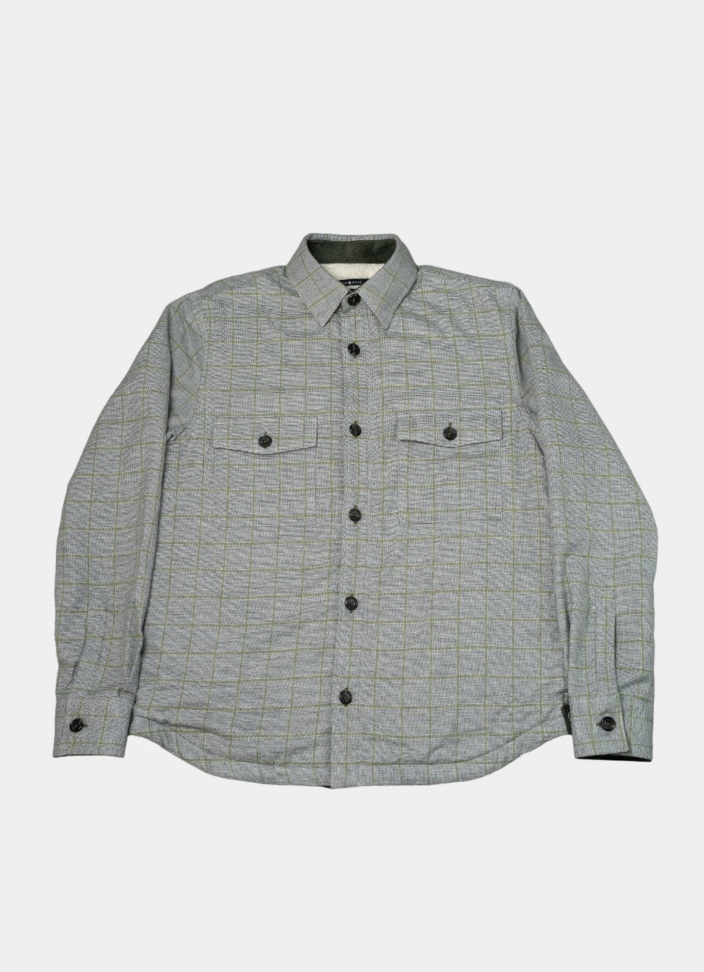 Grey & Green Plaid Sherpa-Lined Flannel Jacket — Double Chest Pockets, Lightweight Warmth