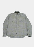 Grey & Green Plaid Sherpa-Lined Flannel Jacket — Double Chest Pockets, Lightweight Warmth