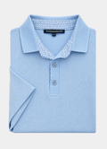 Pebble Jacquard Stretch Polo — Geometric Contrast Inner Collar Detail, Metal-Rimmed Buttons