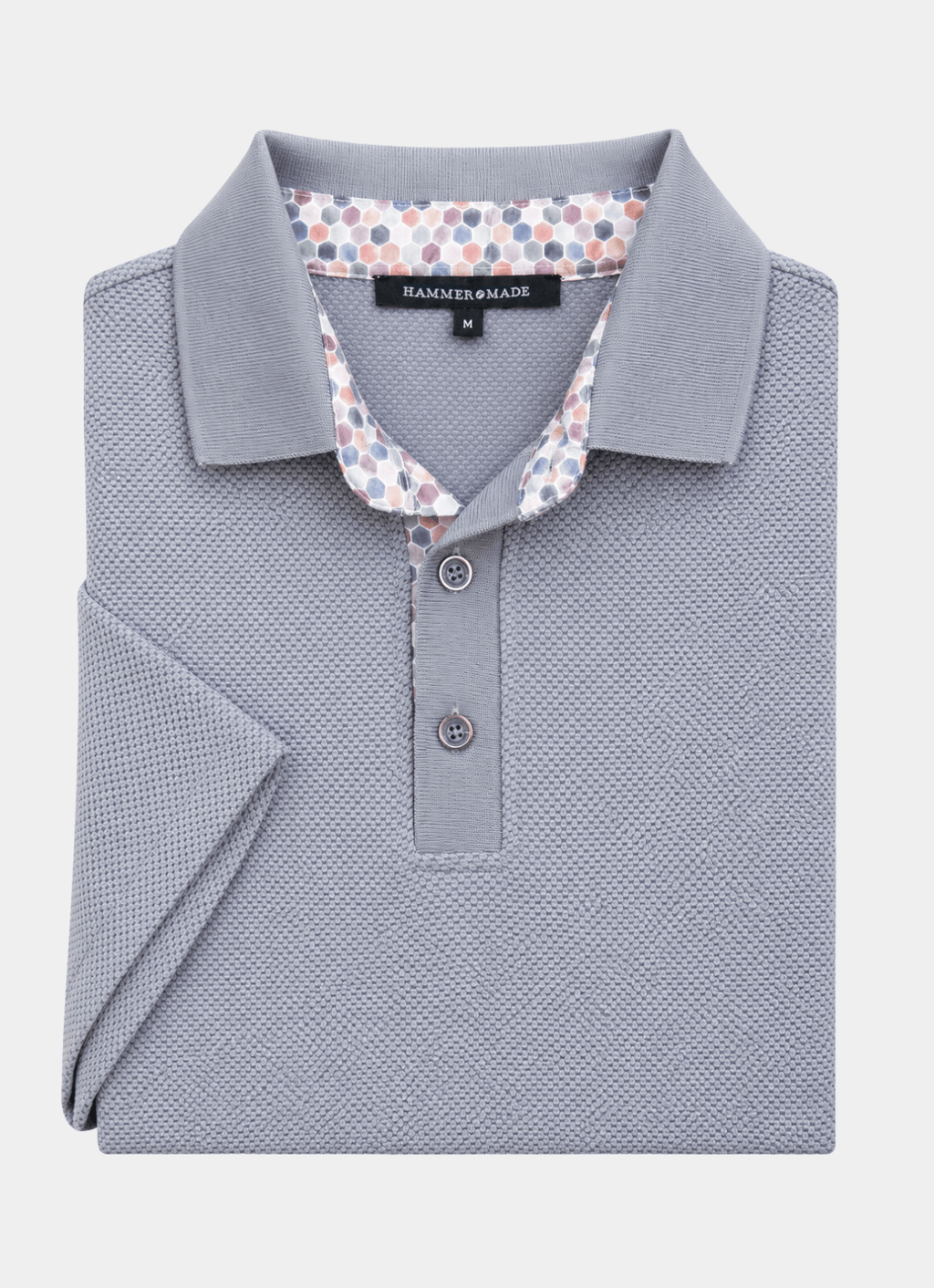 Pebble Jacquard Stretch Polo — Hexagon Contrast Inner Collar Detail, Metal-Rimmed Buttons