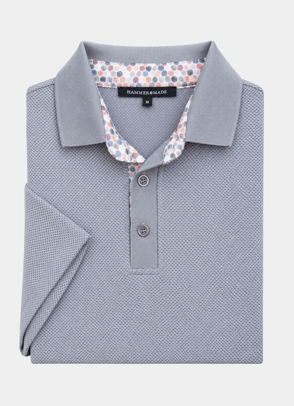 Pebble Jacquard Stretch Polo — Hexagon Contrast Inner Collar Detail, Metal-Rimmed Buttons