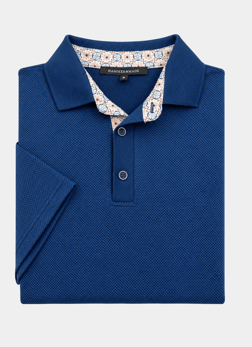 Pebble Jacquard Stretch Polo — Geometric Contrast Inner Collar Detail, Metal-Rimmed Buttons