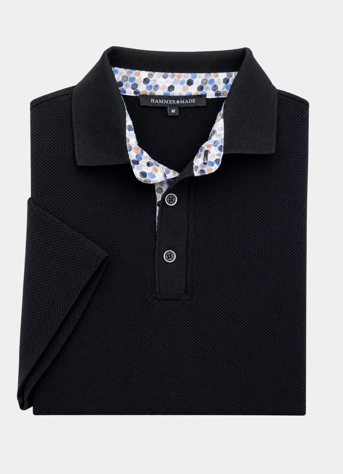 Pebble Jacquard Stretch Polo — Hexagon Contrast Inner Collar Detail, Metal-Rimmed Buttons