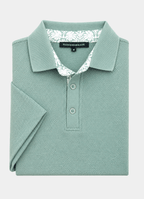 Pebble Jacquard Stretch Polo — Leafy Contrast Inner Collar Detail, Metal-Rimmed Buttons