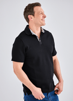 Pebble Jacquard Stretch Polo — Hexagon Contrast Inner Collar Detail, Metal-Rimmed Buttons