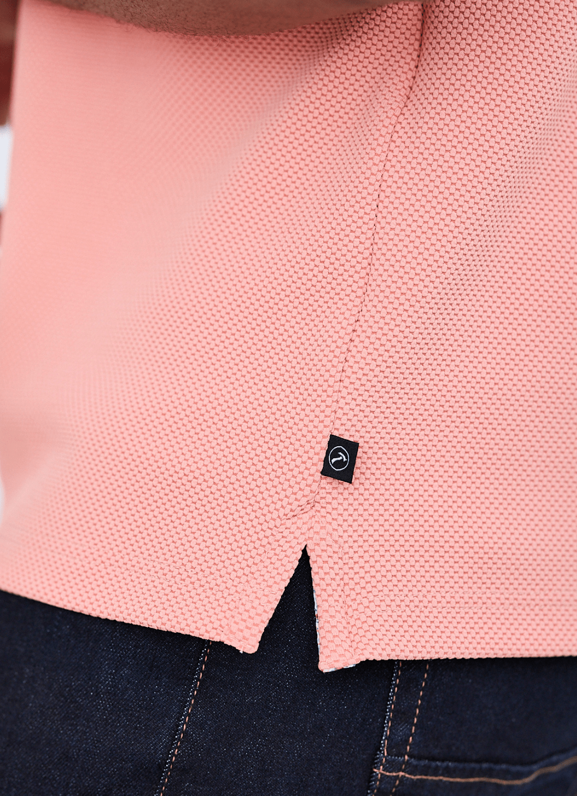 Pebble Jacquard Stretch Polo — Floral Contrast Inner Collar Detail, Metal-Rimmed Buttons
