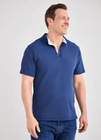 Pebble Jacquard Stretch Polo — Geometric Contrast Inner Collar Detail, Metal-Rimmed Buttons