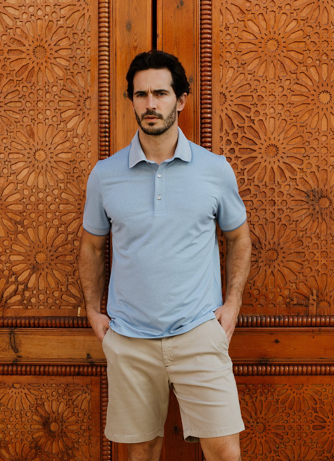 Short Sleeve Polyester Tech Knit Polo — Pique Knit Collar & Cuff, Tonal Yoke, Metal Buttons