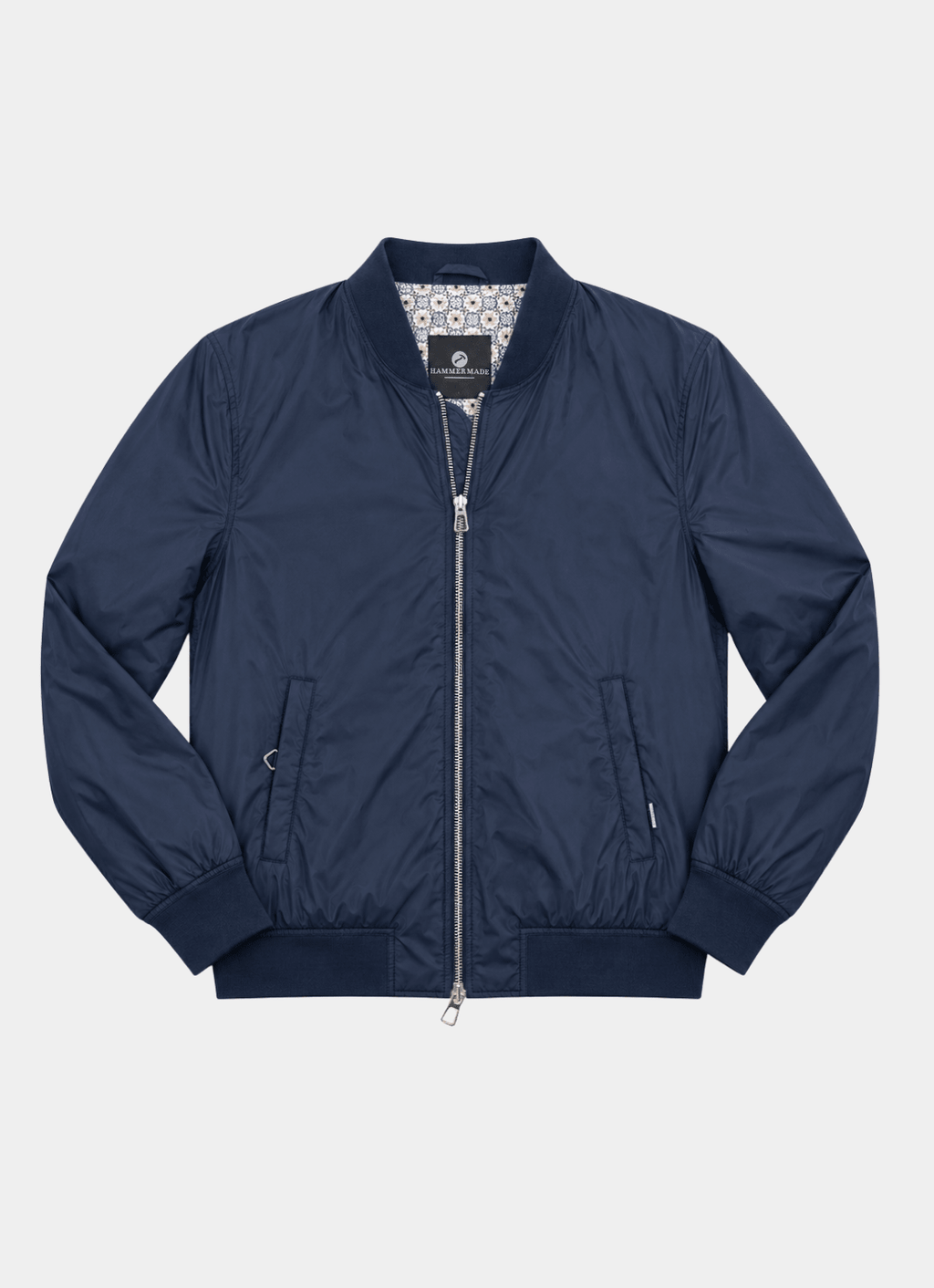 Nylon Bomber Jacket — Mosaic Inner Lining, Chunky Zip Pulls, Dual Side & Inner Zip Pockets