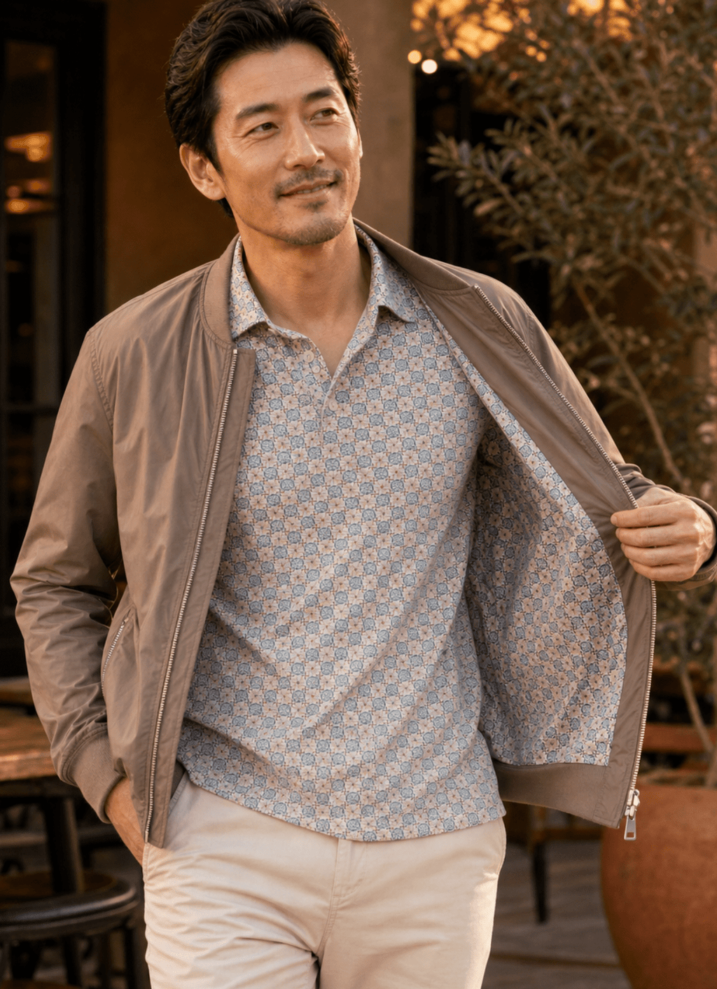 Nylon Bomber Jacket — Mosaic Inner Lining, Chunky Zip Pulls, Dual Side & Inner Zip Pockets