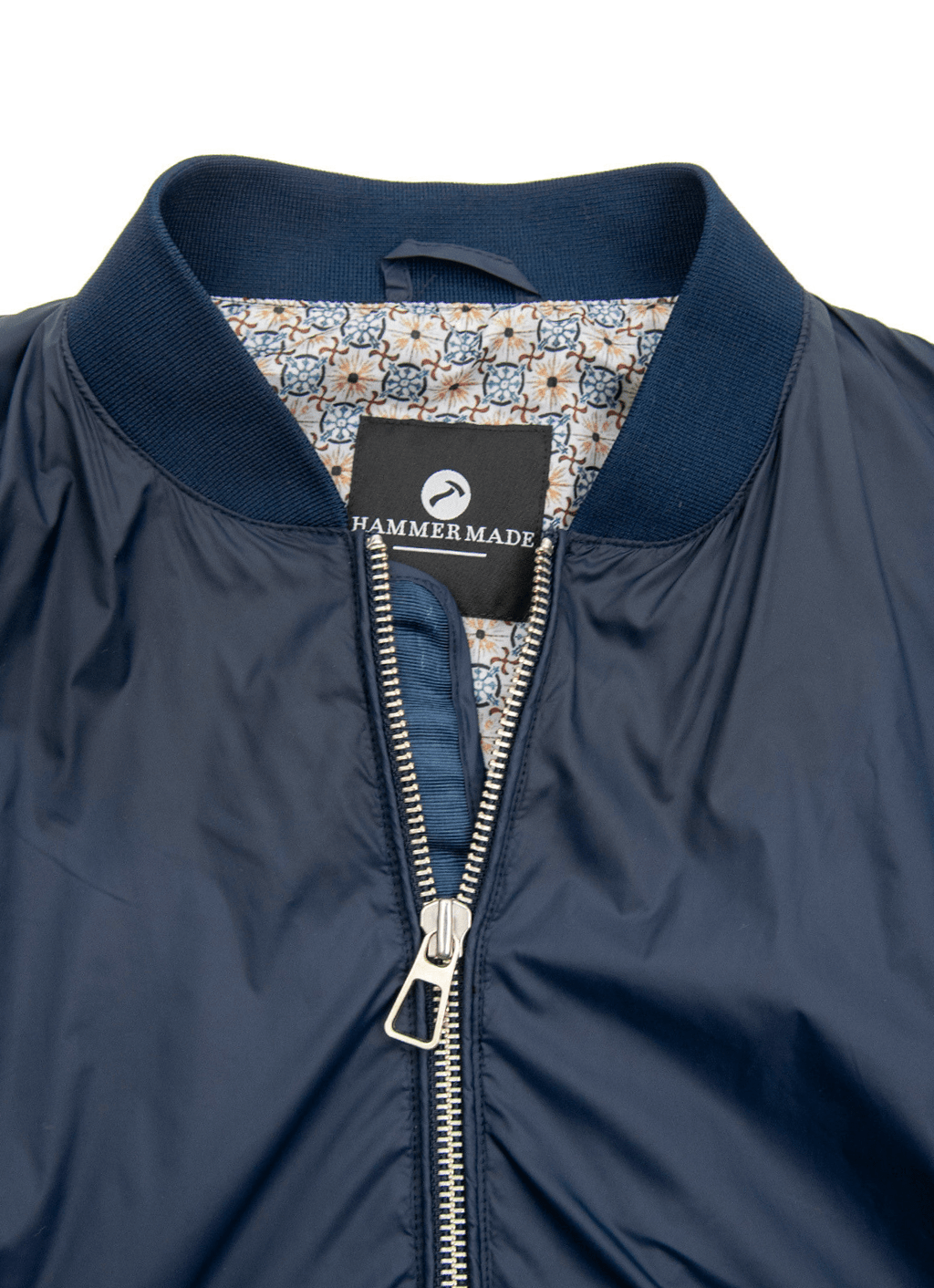 Nylon Bomber Jacket — Mosaic Inner Lining, Chunky Zip Pulls, Dual Side & Inner Zip Pockets