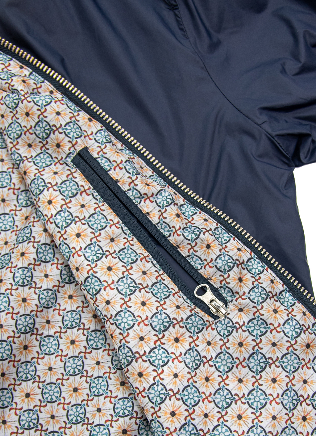 Nylon Bomber Jacket — Mosaic Inner Lining, Chunky Zip Pulls, Dual Side & Inner Zip Pockets