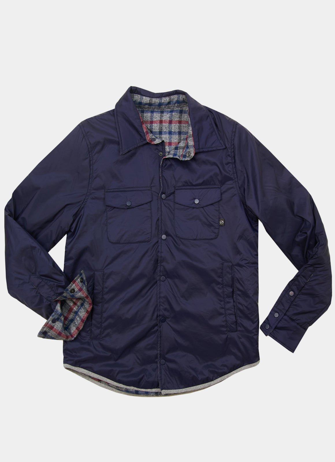 Reversible Jacket — Knit Plaid Inner & Navy Outer Shell, Double Front Pockets, Polished Finish