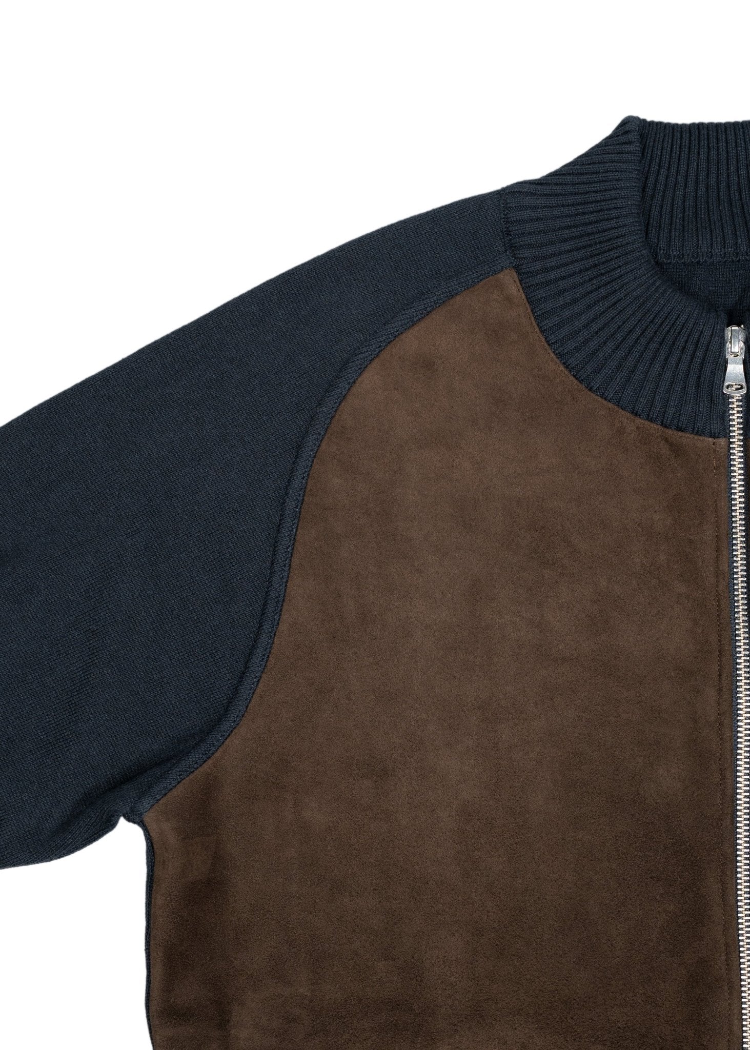 Full-Zip Cashmere Blend Bomber Jacket — Navy, Suede Front, Luxurious Warmth