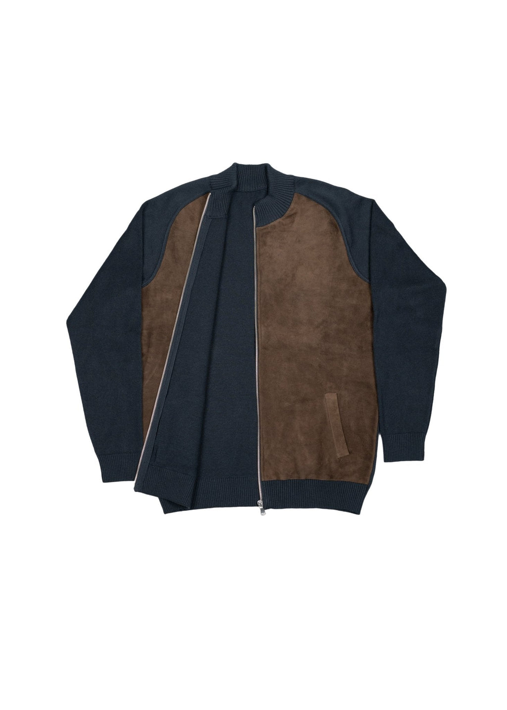 Full-Zip Cashmere Blend Bomber Jacket — Navy, Suede Front, Luxurious Warmth