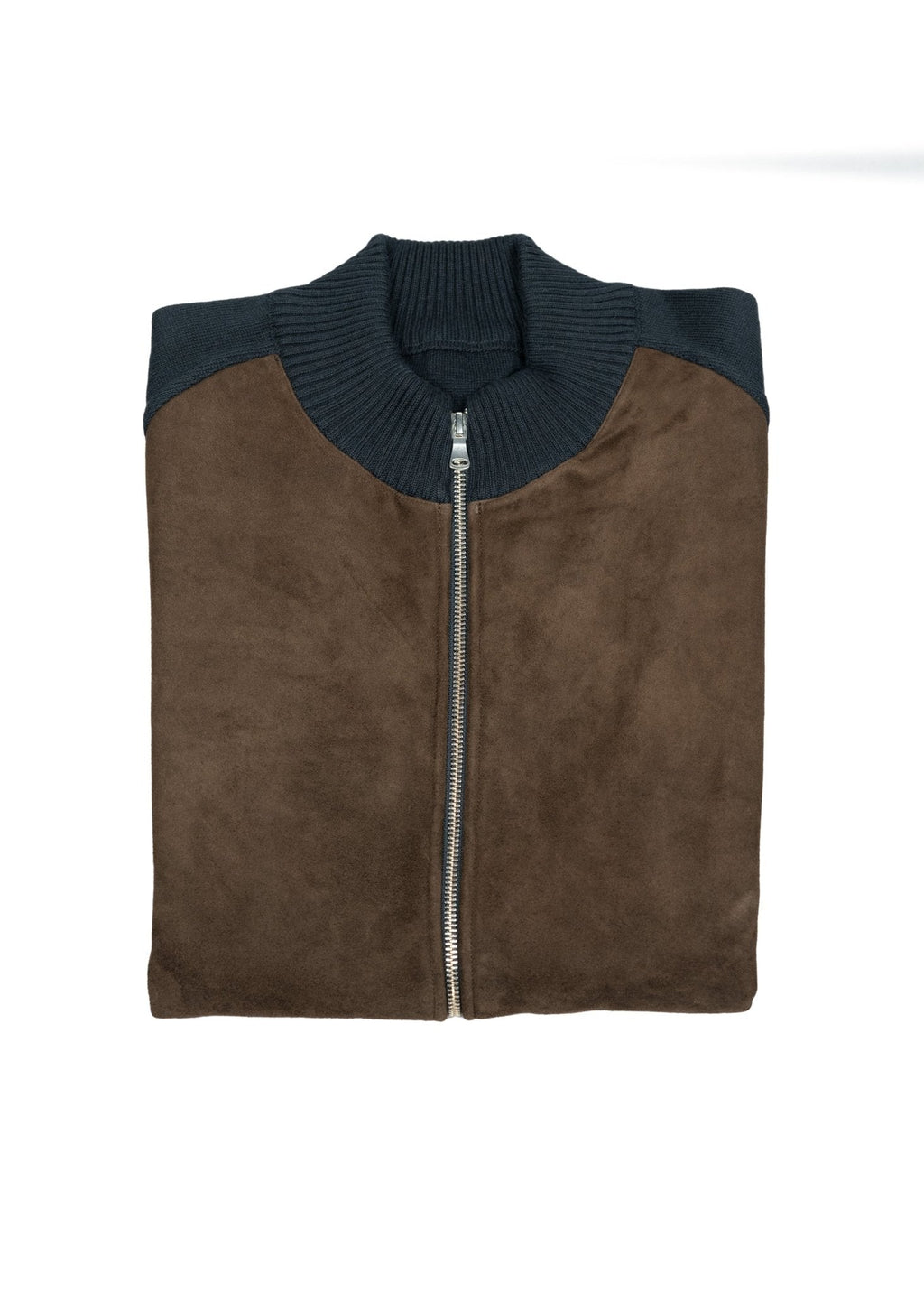 Full-Zip Cashmere Blend Bomber Jacket — Navy, Suede Front, Luxurious Warmth