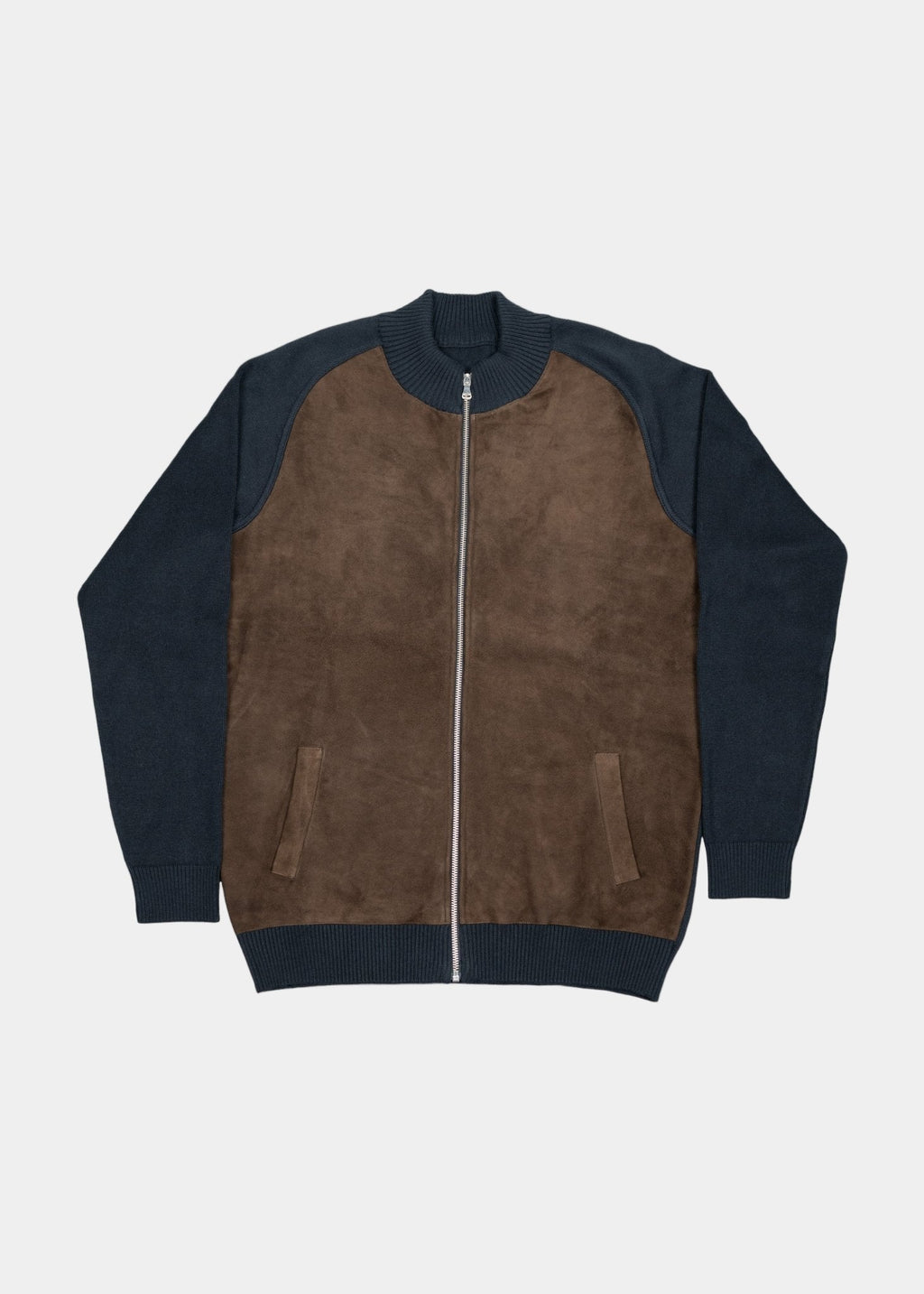 Full-Zip Cashmere Blend Bomber Jacket — Navy, Suede Front, Luxurious Warmth