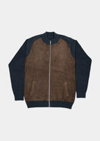 Full-Zip Cashmere Blend Bomber Jacket — Navy, Suede Front, Luxurious Warmth