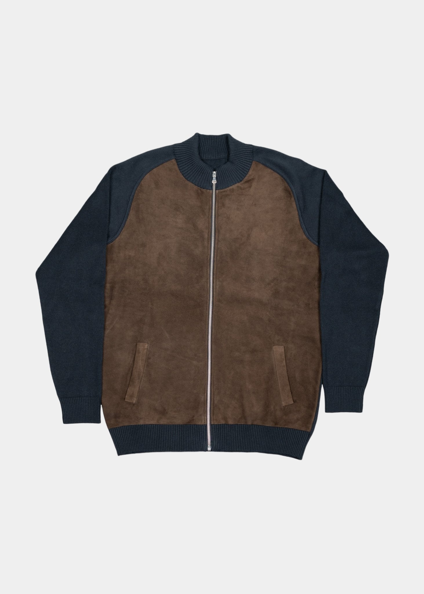 Full-Zip Cashmere Blend Bomber Jacket — Navy, Suede Front, Luxurious Warmth