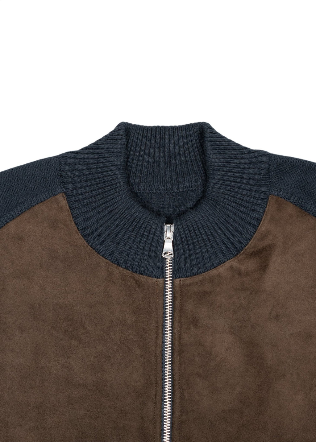 Full-Zip Cashmere Blend Bomber Jacket — Navy, Suede Front, Luxurious Warmth