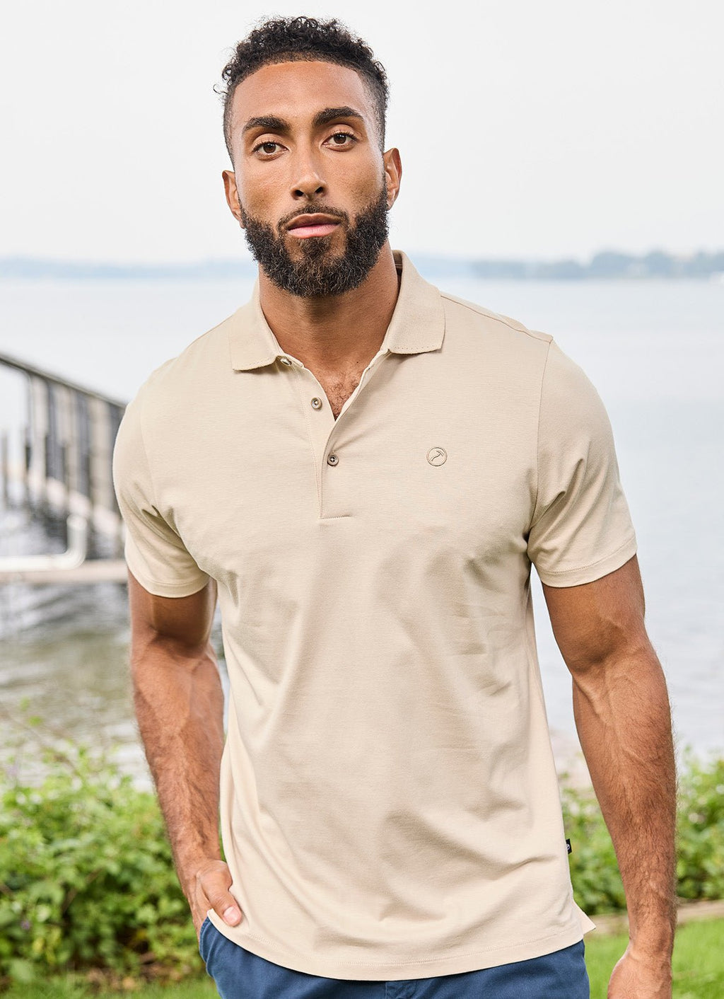 Short Sleeve Mercerized Cotton Polo — Tonal Embroidered Chest Detail, Contrast Taping