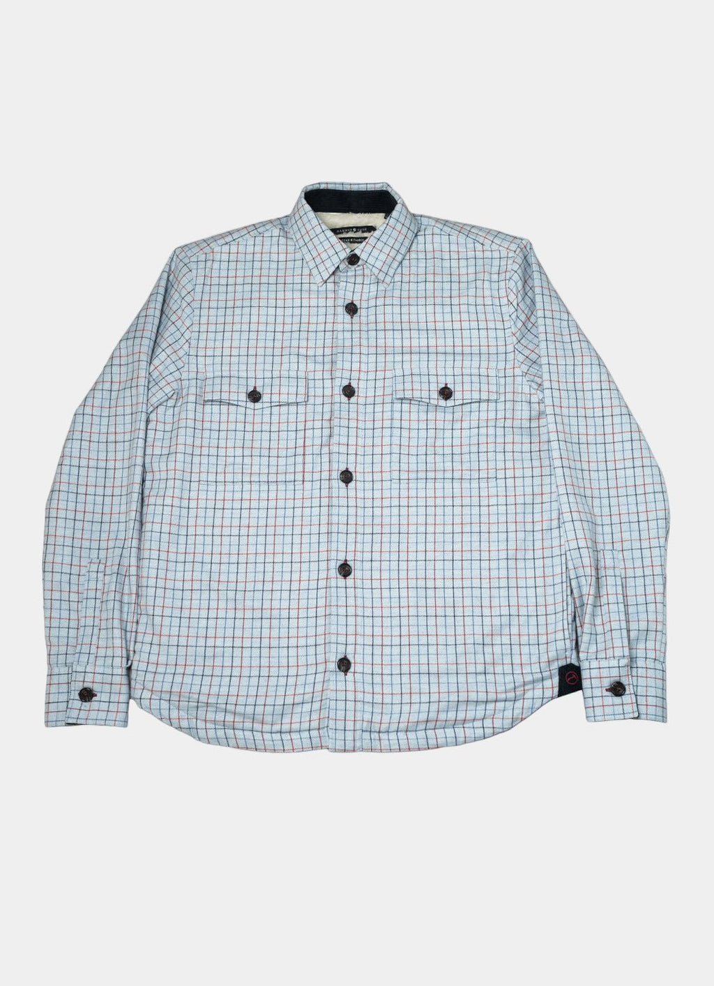 Light Blue Plaid Sherpa-Lined Flannel Jacket — Double Chest Pockets, Cozy Seasonal Layer