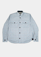 Light Blue Plaid Sherpa-Lined Flannel Jacket — Double Chest Pockets, Cozy Seasonal Layer