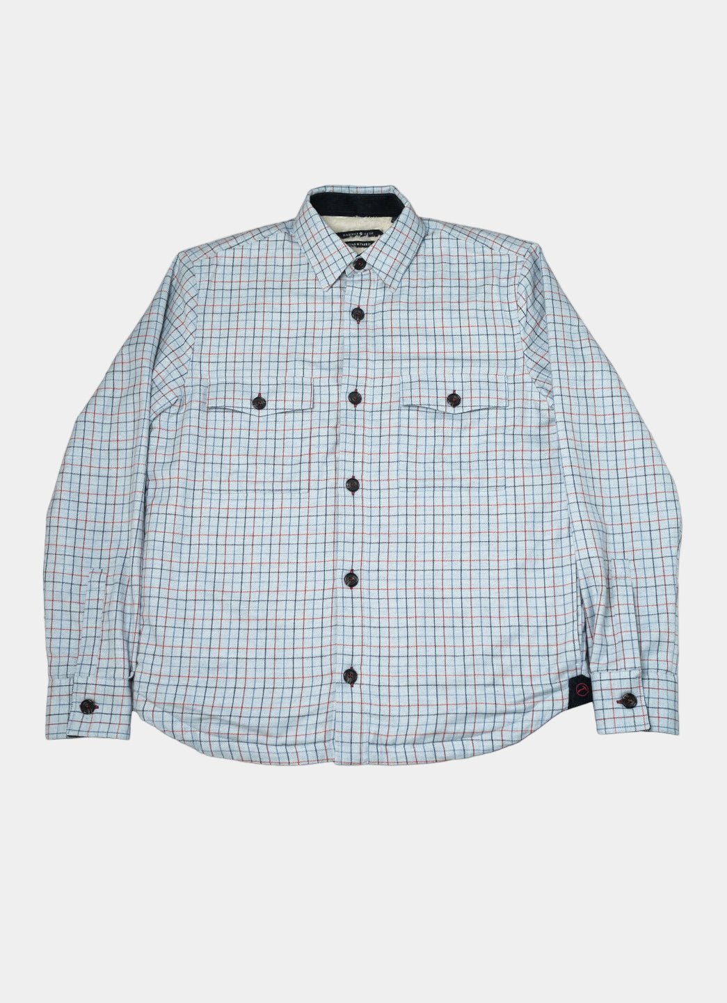 Light Blue Plaid Sherpa-Lined Flannel Jacket — Double Chest Pockets, Cozy Seasonal Layer