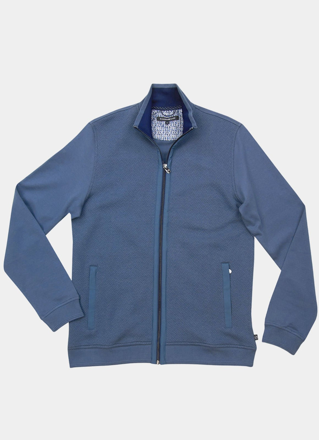 Full-Zip Heavyweight Woven-Texture Jacket — Slate Blue, Zip Pockets, Cotton-Polyester Blend