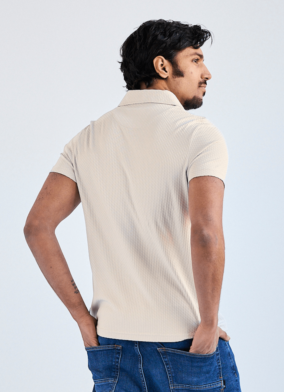 Stair-Step Texture Stretch Polo in Ecru — Metal-Rimmed Buttons, Athletic Slim Fit