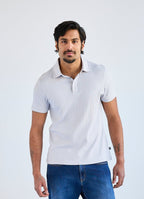 Stair-Step Texture Stretch Polo in Grey — Metal-Rimmed Buttons, Athletic Slim Fit