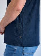 Stair-Step Texture Stretch Polo in Grey — Metal-Rimmed Buttons, Athletic Slim Fit