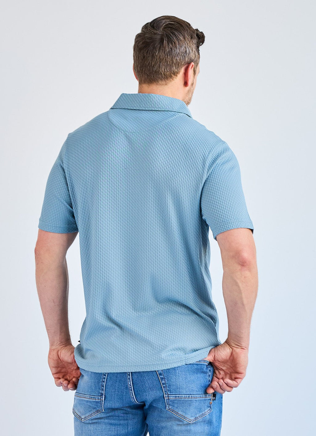Stair-Step Texture Stretch Polo in Slate Blue — Metal-Rimmed Buttons, Athletic Slim Fit