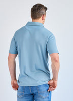 Stair-Step Texture Stretch Polo in Slate Blue — Metal-Rimmed Buttons, Athletic Slim Fit