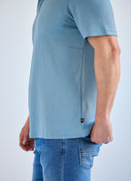 Stair-Step Texture Stretch Polo in Slate Blue — Metal-Rimmed Buttons, Athletic Slim Fit