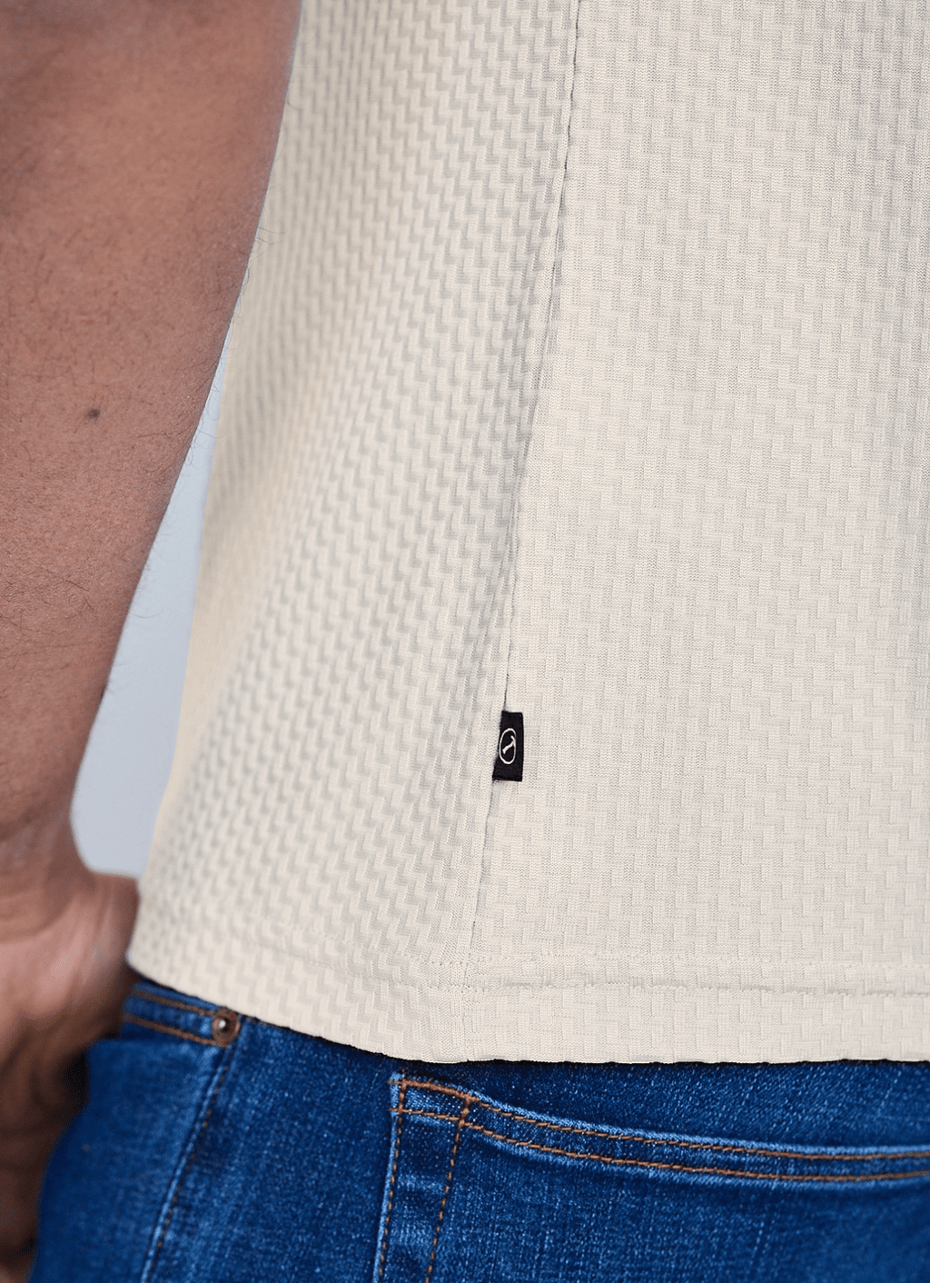 Stair-Step Texture Stretch Polo in Ecru — Metal-Rimmed Buttons, Athletic Slim Fit