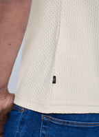 Stair-Step Texture Stretch Polo in Ecru — Metal-Rimmed Buttons, Athletic Slim Fit