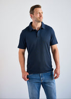 Stair-Step Texture Stretch Polo in Grey — Metal-Rimmed Buttons, Athletic Slim Fit
