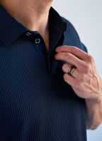 Stair-Step Texture Stretch Polo in Grey — Metal-Rimmed Buttons, Athletic Slim Fit