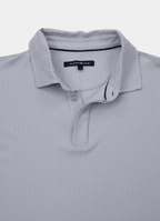 Stair-Step Texture Stretch Polo in Grey — Metal-Rimmed Buttons, Athletic Slim Fit