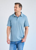 Stair-Step Texture Stretch Polo in Slate Blue — Metal-Rimmed Buttons, Athletic Slim Fit