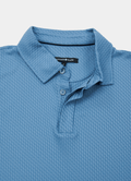 Stair-Step Texture Stretch Polo in Slate Blue — Metal-Rimmed Buttons, Athletic Slim Fit