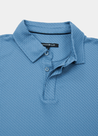 Stair-Step Texture Stretch Polo in Slate Blue — Metal-Rimmed Buttons, Athletic Slim Fit