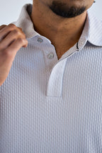 Stair-Step Texture Stretch Polo in Grey — Metal-Rimmed Buttons, Athletic Slim Fit