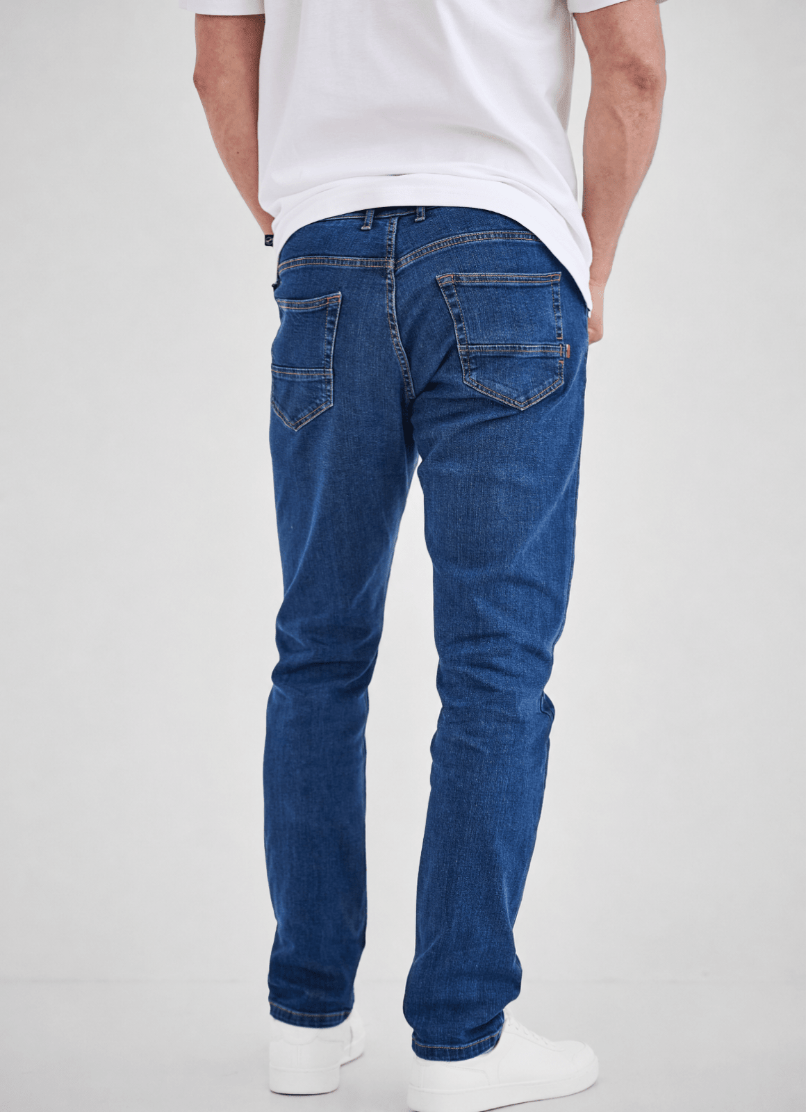 Tapered Italian Stretch Denim Jeans — Medium Wash, Stay-Put Waistband, 97% Cotton