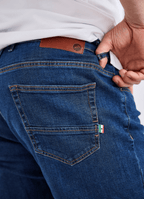 Tapered Italian Stretch Denim Jeans — Medium Wash, Stay-Put Waistband, 97% Cotton